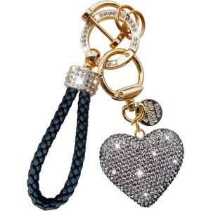 🆕 Women Black Crystal Keychain Sparkly Rhinestones Heart Shape Pretty Pendant